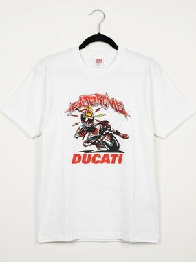 Supreme Ducati White Graphic Tee with Red Motorcycle Print